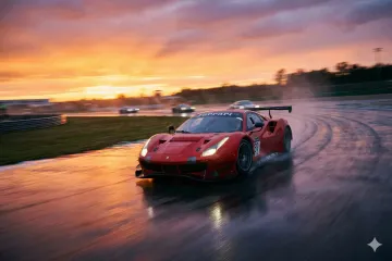 Fotografía de acción de un coche deportivo rojo en un circuito de carreras, desenfoque de movimiento, asfalto mojado, reflejos del atardecer, ángulo bajo, lente gran angular, iluminación dramática, hiperrealista - Google Generated Image.