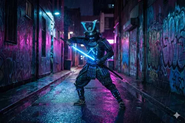  cybernetic samurai unsheathing a glowing katana, in a neon alleyway under the rain - gig.