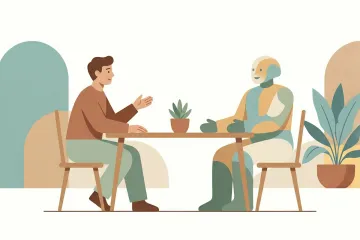 A clean, mid-century style illustration in muted earthy tones showing a human and a softly geometric non-human figure sitting across from each other at a simple wooden table. A small potted plant sits between them, suggesting a relaxed and friendly conversation in a peaceful setting.