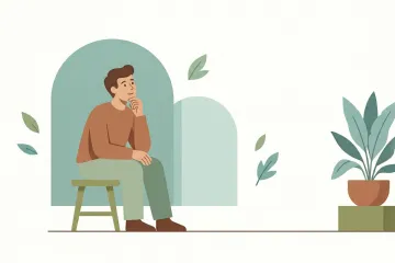A clean, mid-century style illustration in muted cool tones like soft teal and green. A human figure sits quietly on a small stool, resting their chin on their hand in a thoughtful, contemplative pose. Soft, abstract archways and a potted plant in the background create a calm, unhurried atmosphere with generous white space.