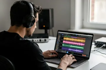 A person is focused on editing audio waveforms on a laptop, wearing over-ear headphones to ensure high audio quality. The screen displays audio editing software, indicating they are working on their podcast episodes, possibly for a new podcast or their first episode.