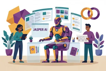 Illustration of a humanoid AI robot working at a desk with two people, surrounded by content, advertising, and design interfaces labeled Jasper AI.
