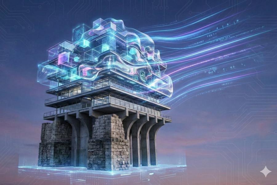 A building that is simultaneously ancient and futuristic: This concept focuses on the idea that a website needs a solid structure that can nevertheless be completely renovated on the surface. AI generated image.