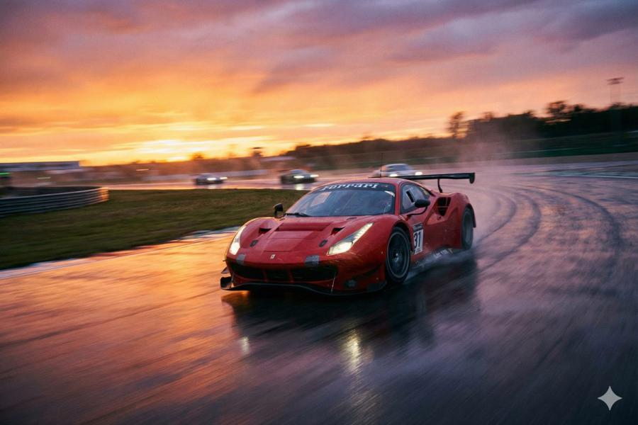 Action photograph of a red sports car on a race track, motion blur, wet asphalt, sunset reflections, low angle, wide-angle lens, dramatic lighting, hyperrealistic - Google Generated Image.