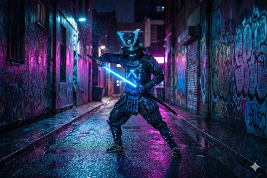 Un samurái cibernético desenvaina una katana brillante en un callejón de neón bajo la lluvia - ggi.