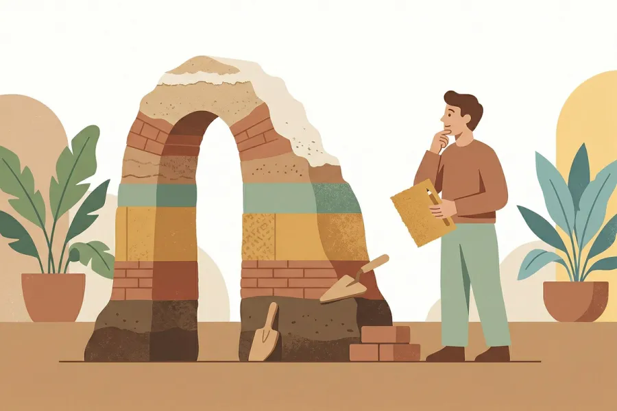 A clean, mid-century style illustration in muted earthy tones showing a thoughtful human figure standing next to an unfinished, arch-like structure made of stacked layers of colored earth and brick. Masonry tools and loose bricks rest nearby, suggesting steady, patient progress.