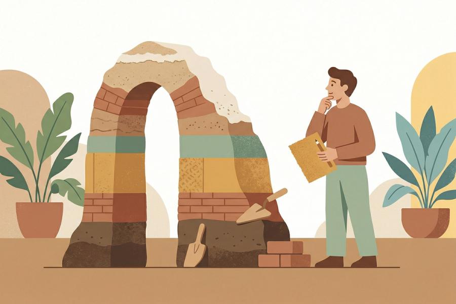 Una ilustración de estilo minimalista de mediados de siglo, en tonos tierra apagados, muestra una figura humana pensativa de pie junto a una estructura arqueada sin terminar, hecha de capas apiladas de tierra y ladrillos de colores. Herramientas de albañilería y ladrillos sueltos reposan cerca, sugiriendo un progreso constante y paciente.