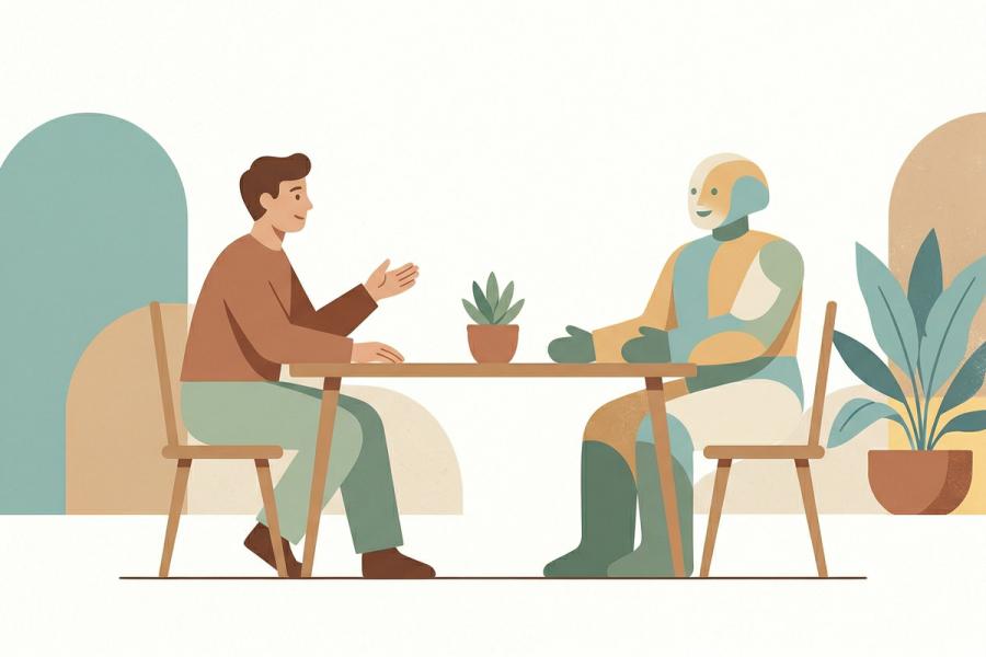 Una ilustración de estilo minimalista de mediados de siglo, en tonos tierra suaves, muestra una figura humana y una figura no humana de formas geométricas delicadas sentadas una frente a la otra en una sencilla mesa de madera. Una pequeña planta en maceta se encuentra entre ellas, sugiriendo una conversación relajada y amistosa en un entorno tranquilo.