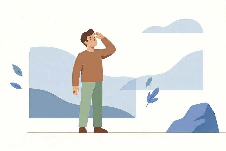 Una ilustración de estilo minimalista de mediados de siglo, en tonos azules fríos y empolvados. Una figura humana se yergue en un espacio abierto y diáfano, mirando hacia la distancia con una mano en la frente, como si buscara su lugar. Formas abstractas y sutiles que sugieren nubes y paisaje la rodean, transmitiendo una sensación de orientación y posibilidades.