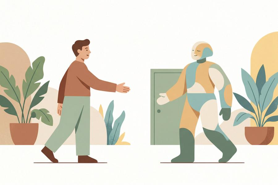 Una ilustración de estilo minimalista de mediados de siglo, en tonos tierra suaves, muestra una figura humana extendiendo la mano para saludar a una figura no humana cálida y de formas geométricas delicadas. Ambas se encuentran en un espacio minimalista decorado con algunas plantas en macetas, transmitiendo una bienvenida serena y acogedora.