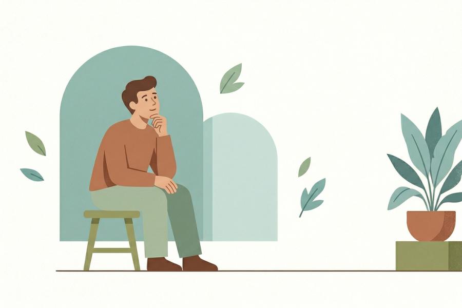Una ilustración de estilo minimalista de mediados de siglo, en tonos fríos y apagados como el verde azulado y el verde. Una figura humana se sienta tranquilamente en un pequeño taburete, apoyando la barbilla en la mano en una pose pensativa y contemplativa. Unos suaves arcos abstractos y una planta en maceta al fondo crean una atmósfera serena y pausada, con amplios espacios en blanco.