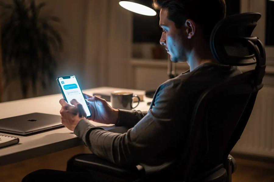 A person is seated at a desk, engaging in a conversation with a glowing personal AI assistant displayed on their smartphone screen, which suggests tasks and helps manage their Google Calendar in real-time. The scene highlights the integration of technology into daily work, showcasing the capabilities of AI tools for organization and productivity.