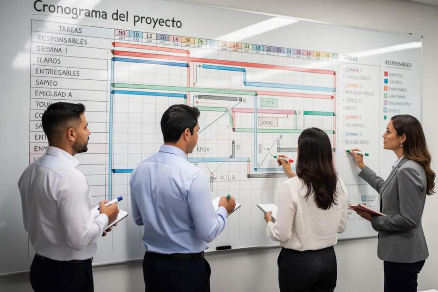 Un grupo de profesionales está revisando un cronograma grande en una pizarra blanca, utilizando marcadores de colores para destacar diferentes fases y tareas del proyecto. Esta actividad es parte de la gestión de proyectos, donde se coordinan los recursos y se analizan los requisitos para asegurar el éxito del plan de proyecto.