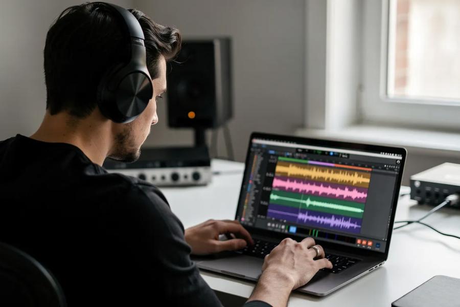 Una persona está editando ondas de audio en un ordenador, usando auriculares cerrados para concentrarse en el contenido de un pódcast. En la pantalla se pueden ver diferentes herramientas de edición, mientras que el ambiente sugiere una dedicación al desarrollo de episodios para oyentes interesados en historias y temas variados.