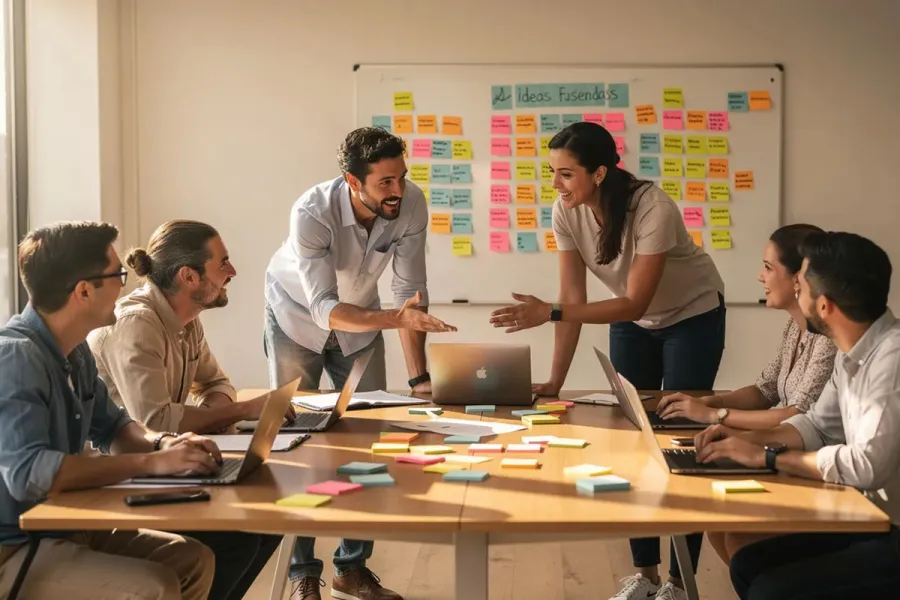 Un equipo de trabajo se encuentra reunido alrededor de una mesa, con laptops abiertas y notas adhesivas de colores, discutiendo un plan de proyecto. La reunión refleja la gestión de proyectos, donde se analizan tareas y se definen los objetivos y el alcance del proyecto.
