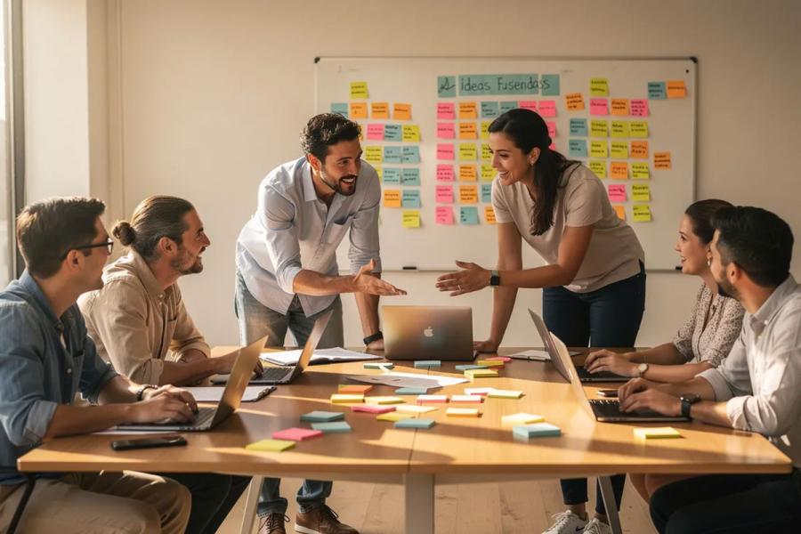Un equipo de trabajo se encuentra reunido alrededor de una mesa, con laptops abiertas y notas adhesivas de colores, discutiendo un plan de proyecto. La reunión refleja la gestión de proyectos, donde se analizan tareas y se definen los objetivos y el alcance del proyecto.