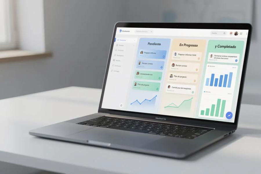 Una laptop abierta muestra un panel de control con gráficas de progreso y tareas organizadas en columnas, representando la gestión de proyectos y el avance en la ejecución del proyecto. Este software permite a los gerentes de proyecto visualizar el estado de las tareas y coordinar al equipo de trabajo de manera efectiva.