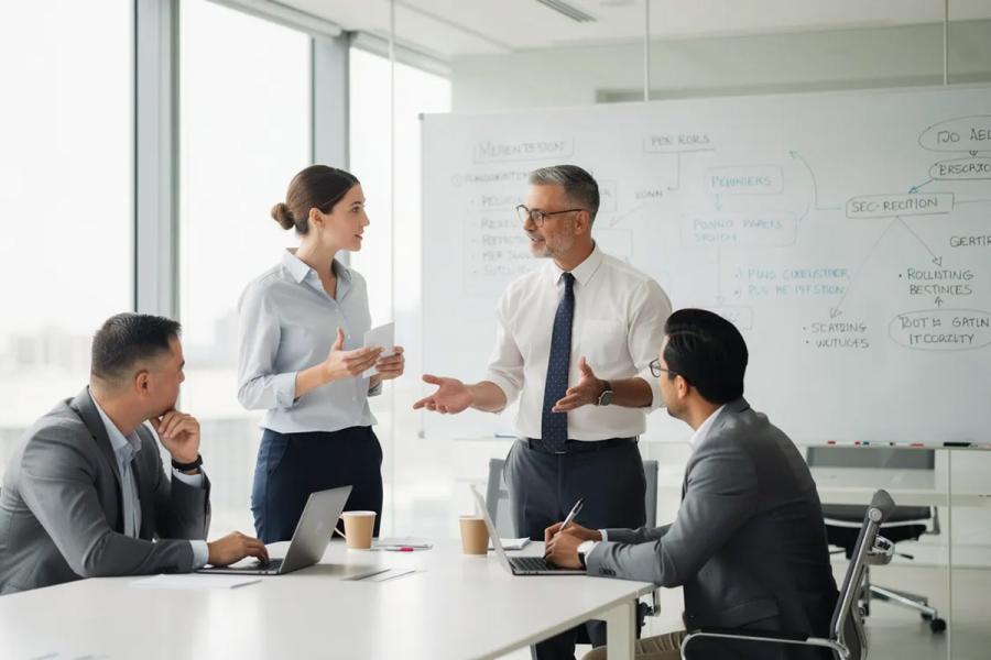 A small group of professionals is engaged in a focused discussion in a modern office setting, with whiteboards in the background displaying project plans and objectives. This scene highlights effective project management practices as team members collaborate to ensure project success.