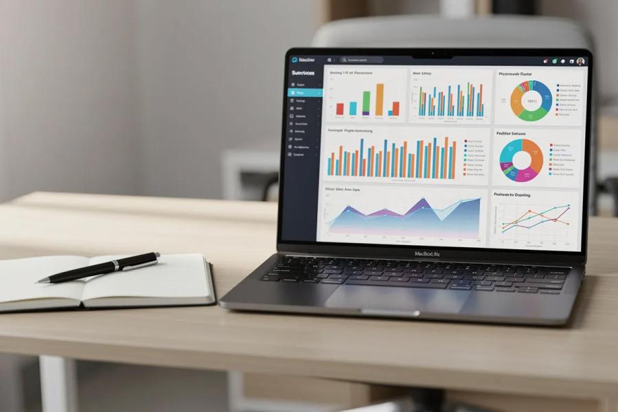 The image depicts a laptop on a clean desk, showcasing colorful charts and graphs that represent project progress, accompanied by a notebook and pen, symbolizing effective project management practices. This setup reflects the tools used by project managers to monitor project performance and document project objectives.