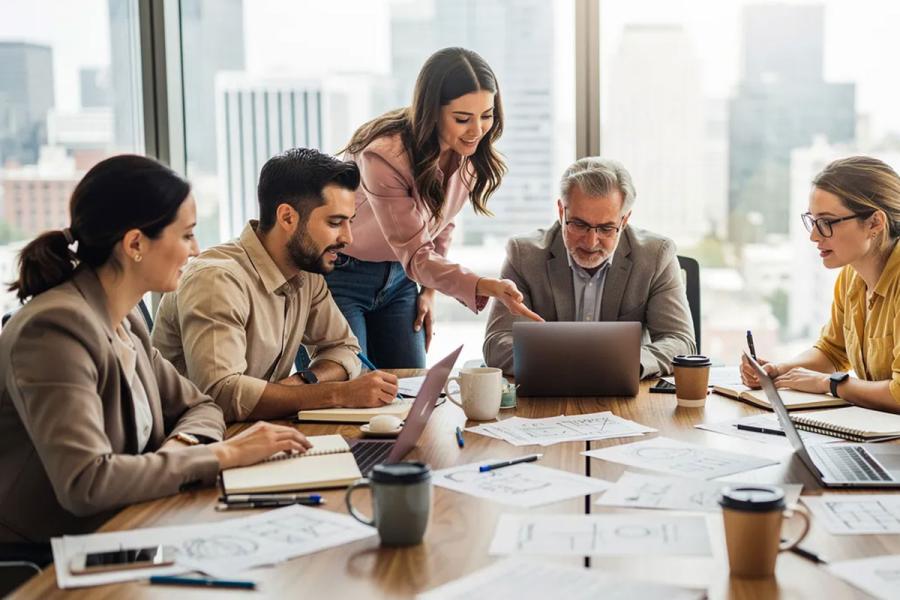 A diverse team of project professionals is gathered around a large table filled with laptops, notebooks, and coffee cups, actively collaborating during a work session. This scene highlights effective project management practices as they discuss project objectives and monitor project progress together.