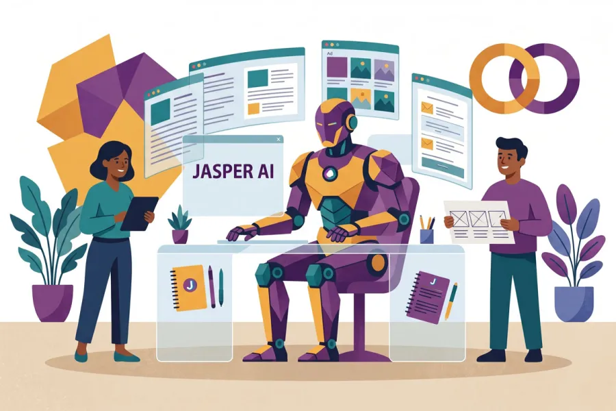 Ilustración de un robot humanoide de IA trabajando en un escritorio con dos personas, rodeado de interfaces de contenido, publicidad y diseño con el texto Jasper AI.