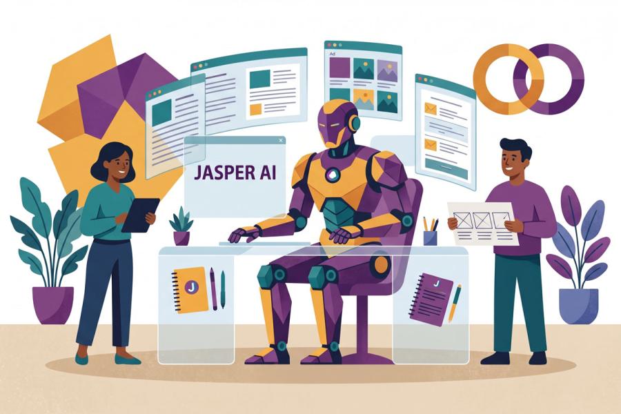 Illustration of a humanoid AI robot working at a desk with two people, surrounded by content, advertising, and design interfaces labeled Jasper AI.