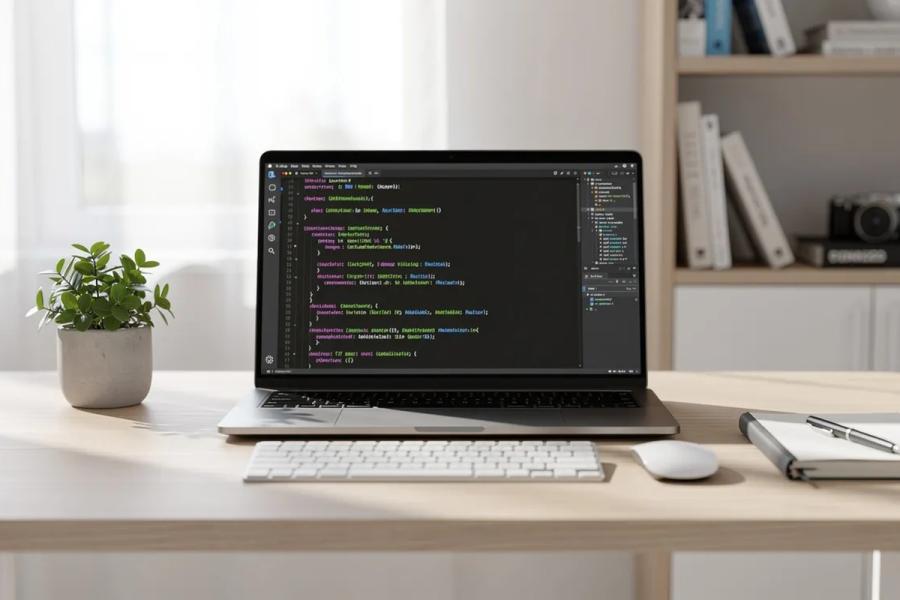 Laptop displaying code on a bright home-office desk with a keyboard, mouse, plant, and notebook.