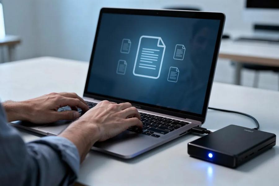 The image depicts a person focused on their laptop, with an external hard drive connected, symbolizing the importance of backup and data protection for a WordPress site. This scenario highlights the need for troubleshooting plugin conflicts and ensuring security against potential vulnerabilities.