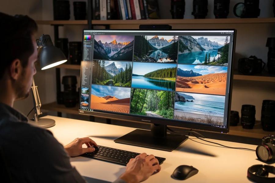 Un fotógrafo sentado frente a un escritorio, examinando atentamente una galería de imágenes de paisajes en el monitor de su ordenador, el cual muestra diversas fotografías impresionantes. La escena pone de relieve la importancia de utilizar un plugin de galería para WordPress con el fin de organizar y presentar imágenes de manera eficaz en un sitio web.