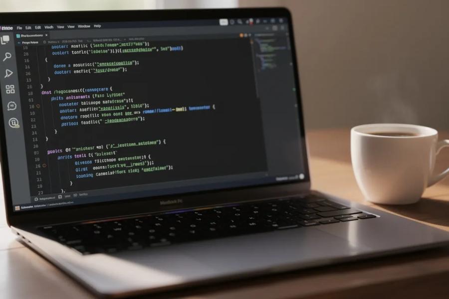 Close-up of a laptop displaying code on a wooden desk beside a cup of coffee.