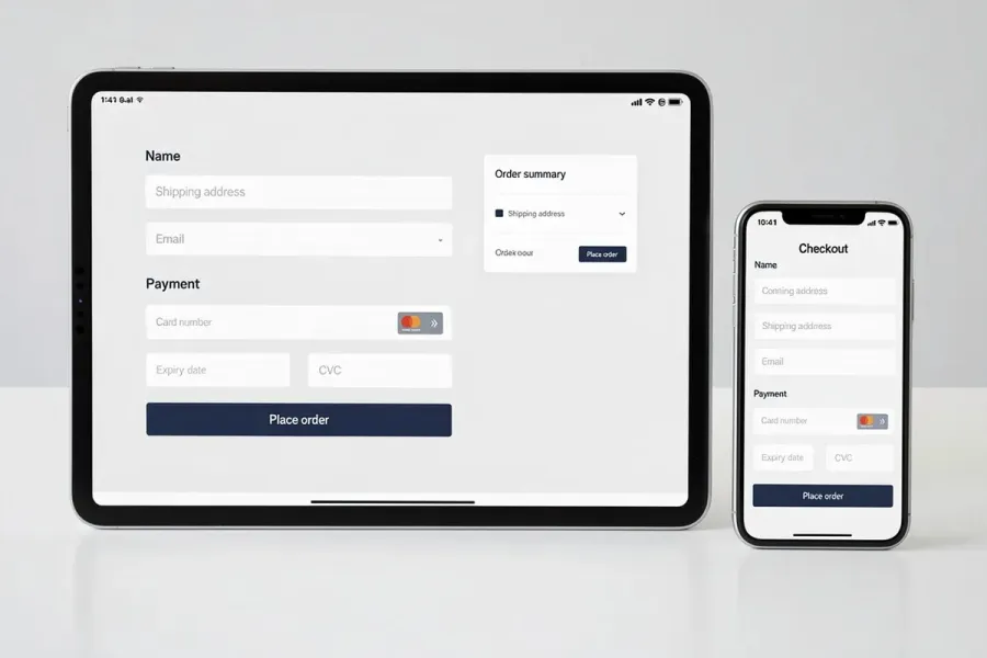The image shows an online store checkout page displayed on both a tablet and a smartphone, illustrating a user-friendly interface for completing purchases on a WordPress site. The layout is optimized for mobile devices, ensuring a seamless shopping experience for customers.