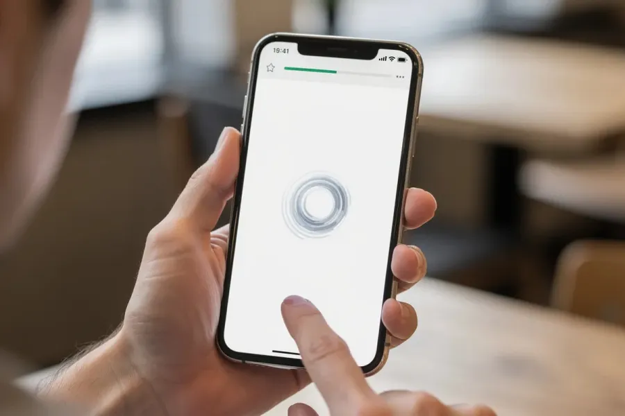 Person holding a smartphone and waiting for a web page to load.