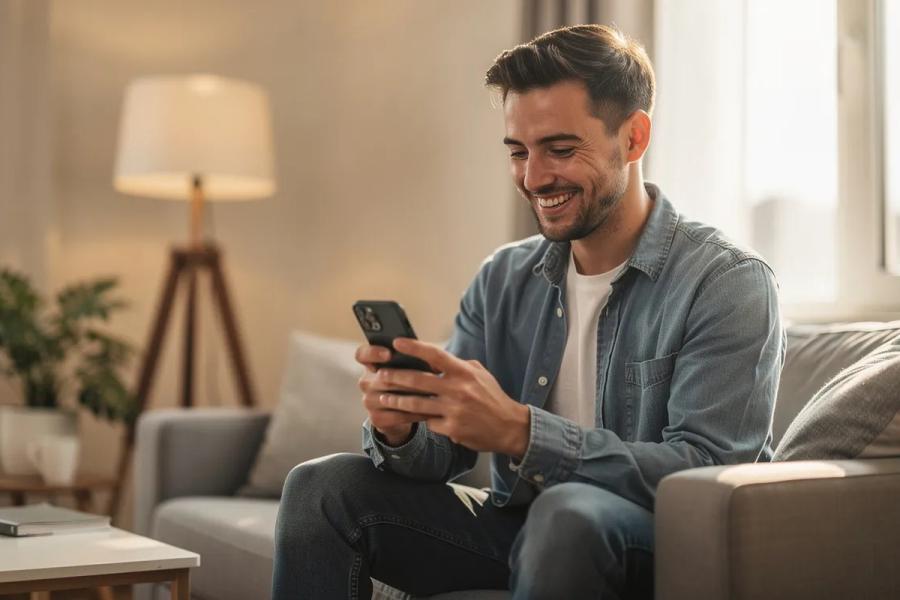 La imagen muestra a un cliente sonriente conversando a través de su teléfono inteligente en un entorno hogareño acogedor, destacando la facilidad de las interacciones facilitadas por chatbots y asistentes virtuales impulsados ​​por inteligencia artificial. Esta escena refleja la comodidad de utilizar la tecnología para gestionar consultas de clientes y apoyar tareas rutinarias de una manera cercana y humana.